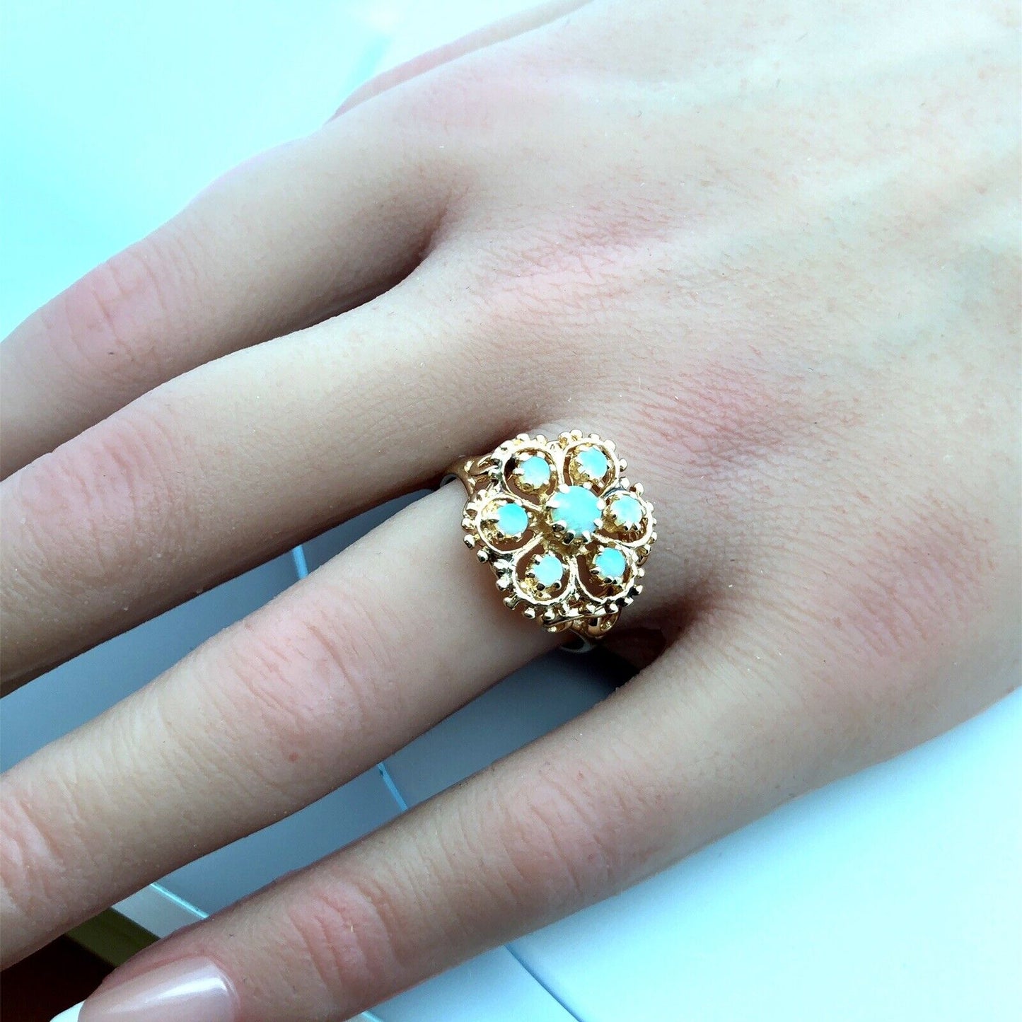 Vintage 14K Yellow Gold Opal Cabochons Flower Floral Cluster Statement Ring