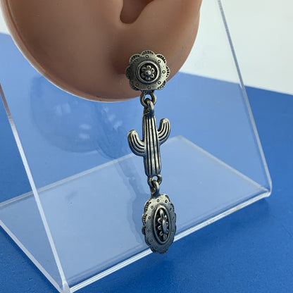 1970 s Jonette JJ Pewter Cactus Concho Soutwestern Statement Dangle Earrings