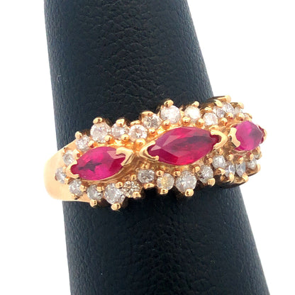 14K Yellow Gold Ruby Diamond Band Cluster July Anniversary Bridal Cocktail Ring