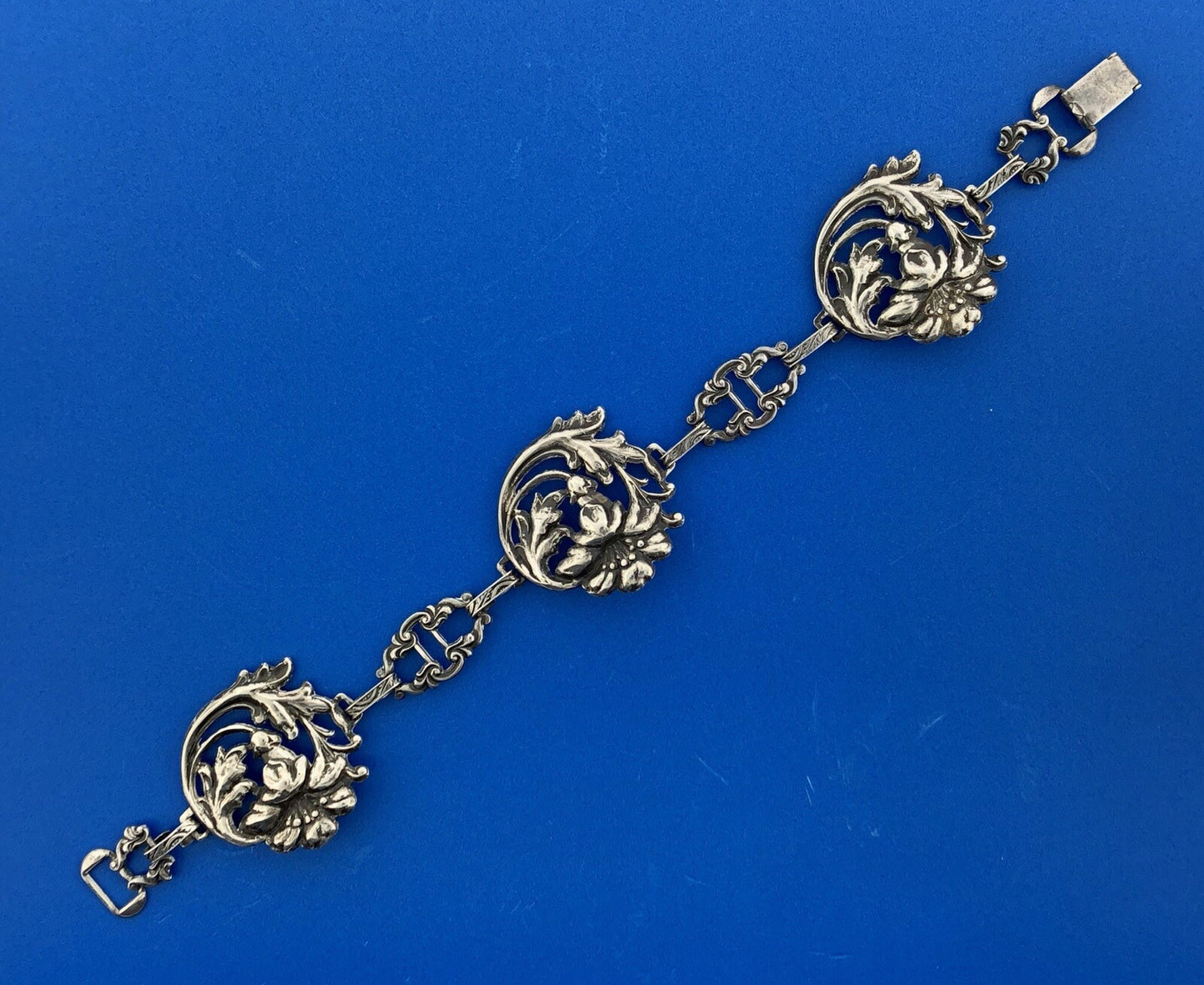 Vintage Art Deco Sterling Silver 925 7.5" Womens Floral Link Bracelet