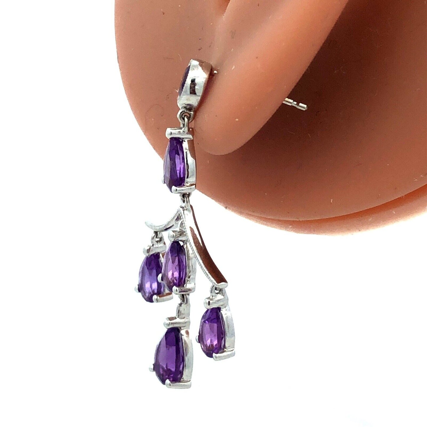 14K White Gold Designer Pear Round Amethyst Chandelier Stud Dangle Earrings