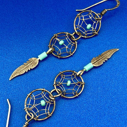 Artisan Sterling Silver 925 Turquoise Intricate Dream Catcher Dangle Earrings