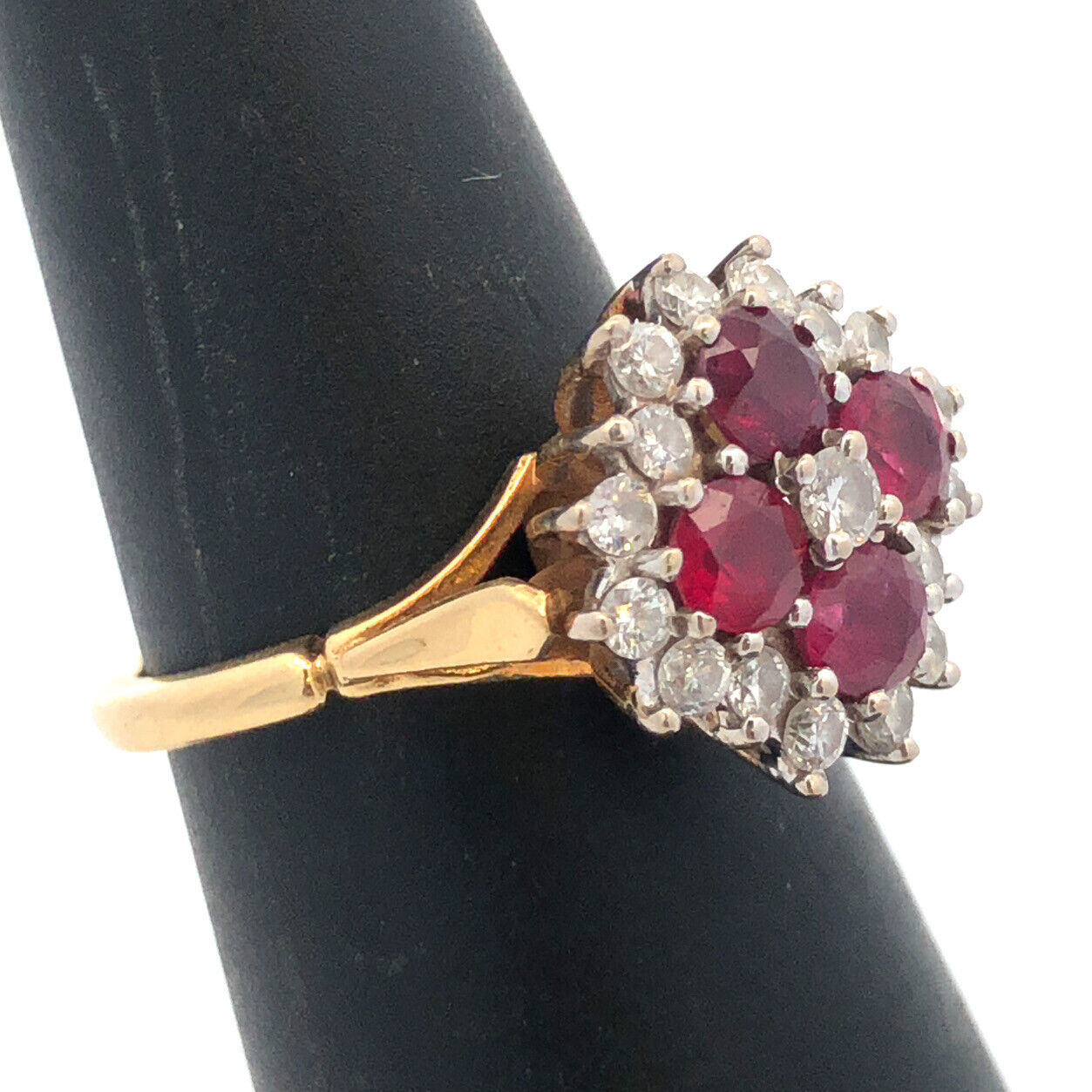 Estate Designer 18K Yellow Gold Ruby Diamond Flower Cluster Cocktail Ring