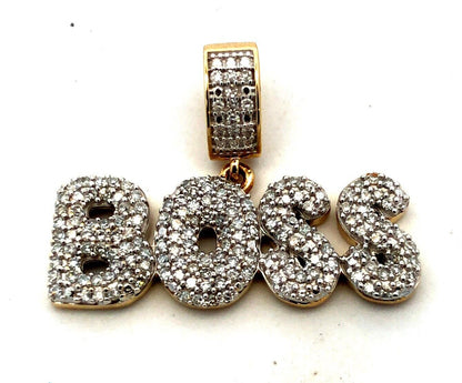 Designer 10K Yellow Gold Diamond Pave Encrusted BOSS Word Statement Pendant