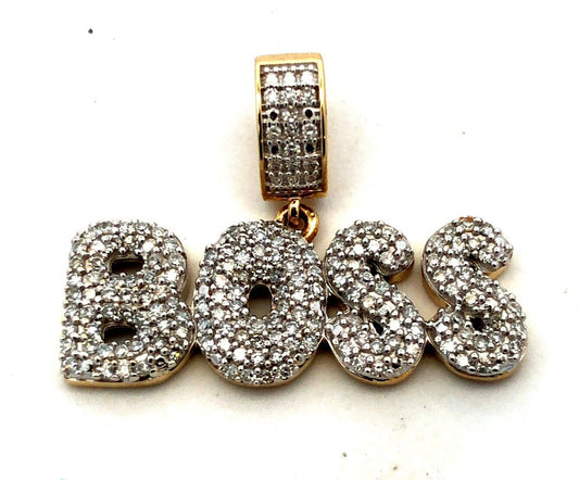 Designer 10K Yellow Gold Diamond Pave Encrusted BOSS Word Statement Pendant