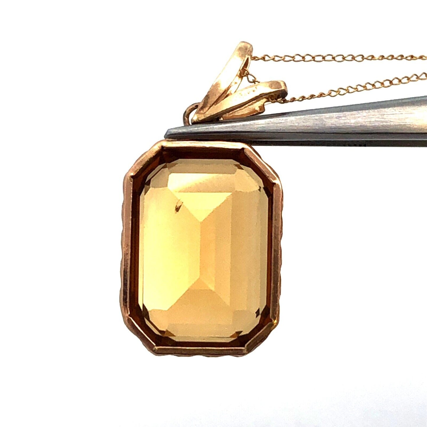 Designer 14K Yellow Gold Emerald Cut Citrine Statement Pendant Chain Necklace