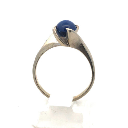 Retro 14K White Gold Blue Star Sapphire Solitaire Cabochon Modernist Ring