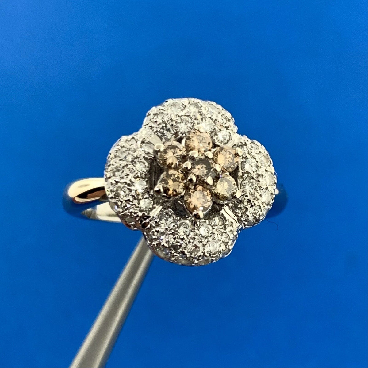Designer 18K White Gold Champagne White Diamond Flower Statement Cocktail Ring