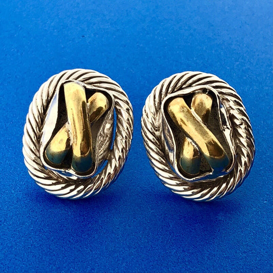 Estate Mexico 925 Sterling Silver Brass Two Tone X O Statement Stud Earrings