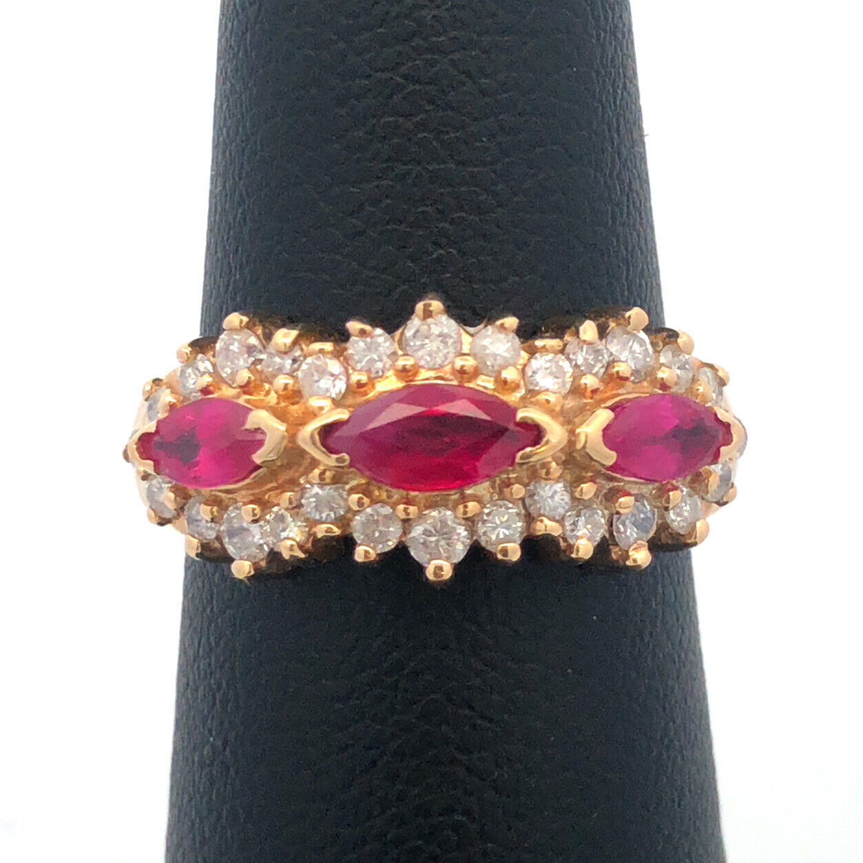 14K Yellow Gold Ruby Diamond Band Cluster July Anniversary Bridal Cocktail Ring