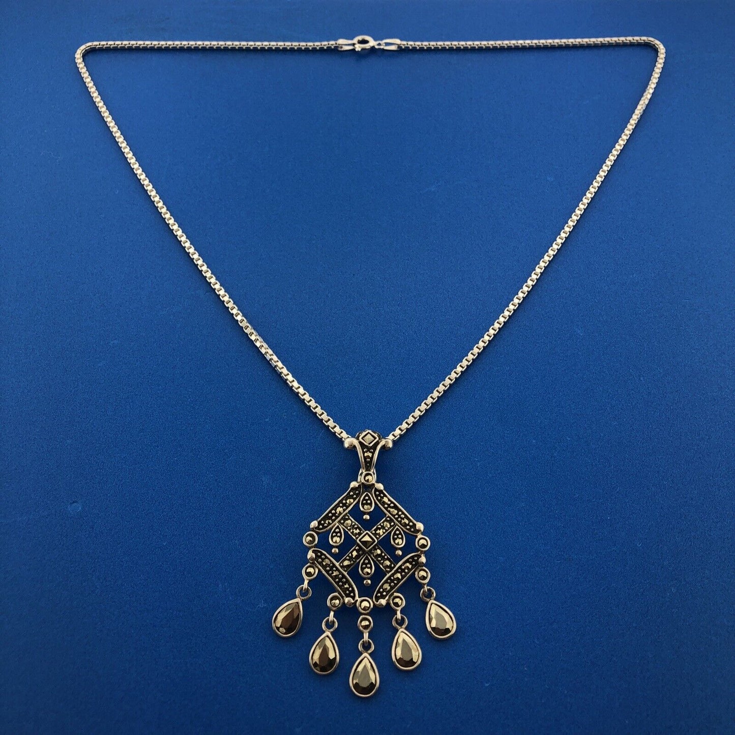 Marcasite Sterling Silver 925 Art Deco Style Dangle Pendant Enhancer Necklace
