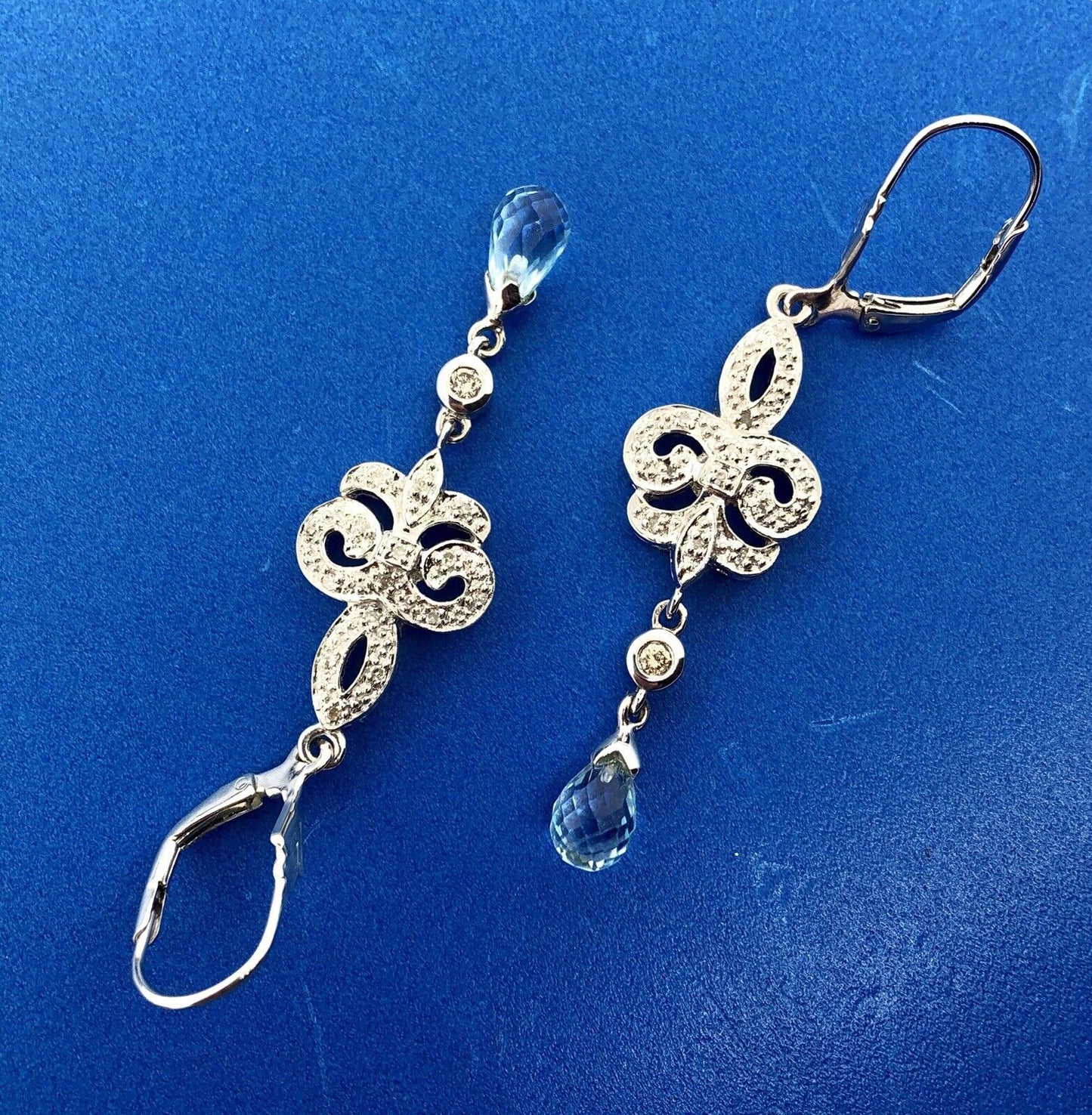 Designer EA Sterling Silver 925 Diamond Blue Topaz Fleur De Lis Drop Earrings