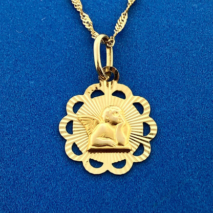 Designer Milor Italy 14K Yellow Gold Guardian Angel Sunburst Disc Necklace