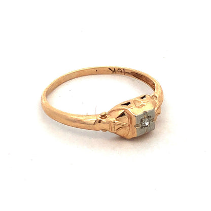 Vintage 10K Yellow Gold Round Diamond Solitaire Square Top Engagement Ring