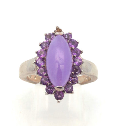 Vintage GSJ 925 Sterling Silver Marquise Purple Jade Amethyst Halo Cocktail Ring