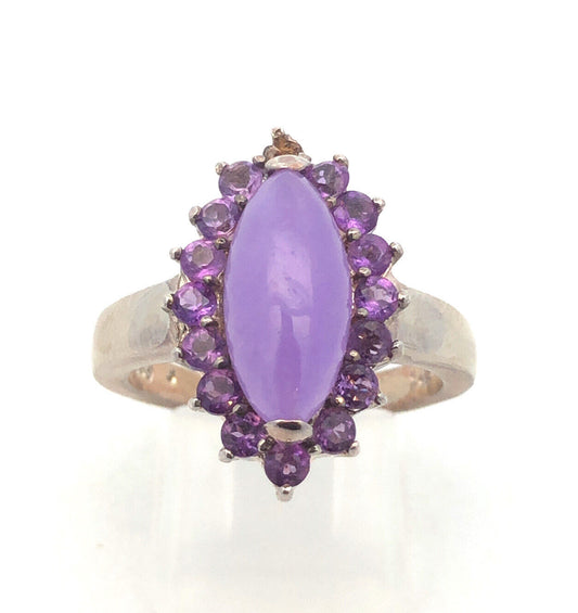 Vintage GSJ 925 Sterling Silver Marquise Purple Jade Amethyst Halo Cocktail Ring