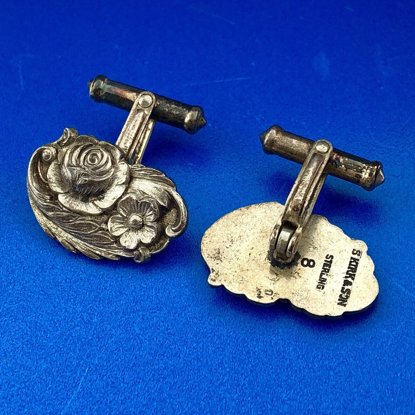 Art Deco S Kirk & Son 925 Sterling Silver Reposse Floral Patina Cuff Links