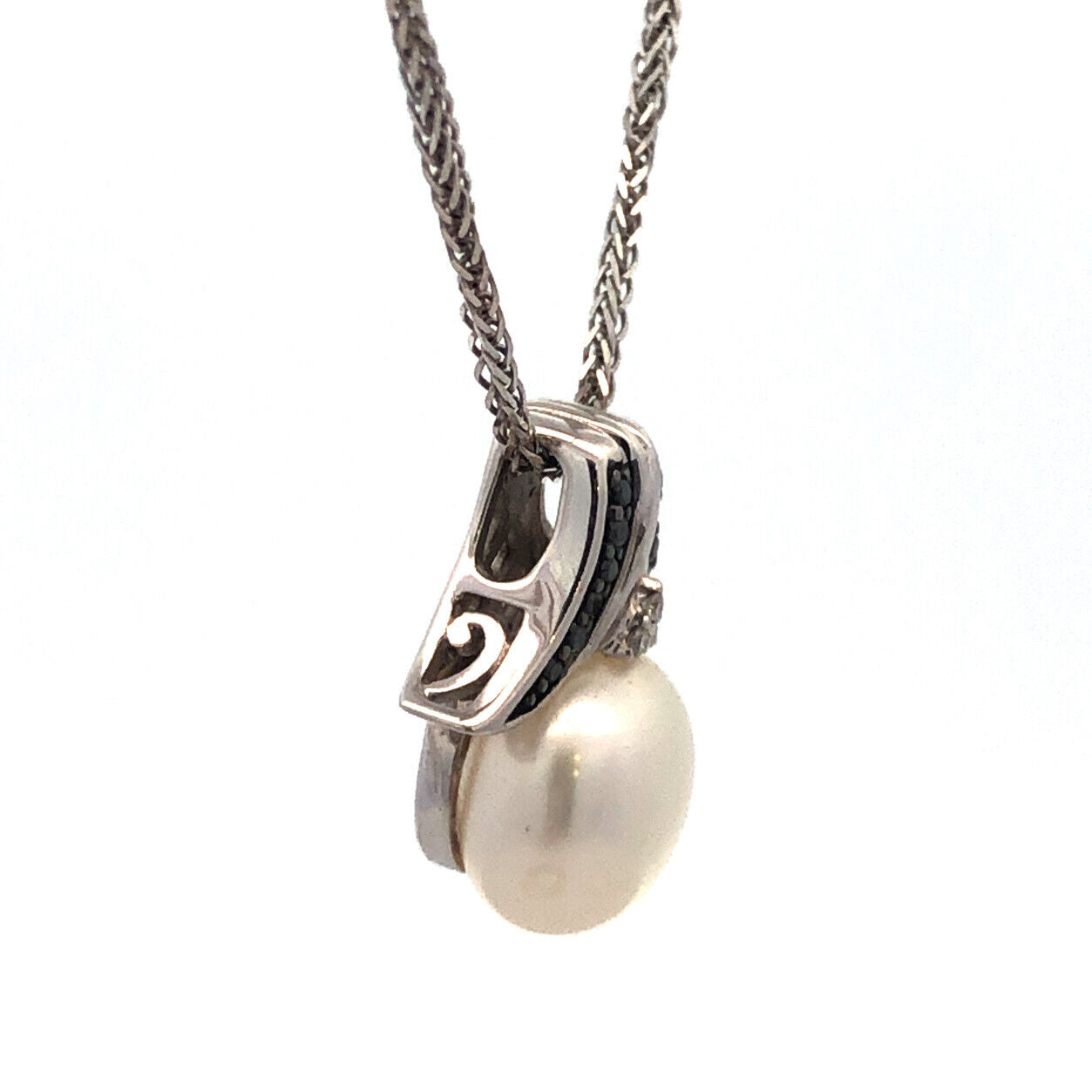 Elegant 14K White Gold Pearl Diamond Black Diamond Bridal Pendant Necklace
