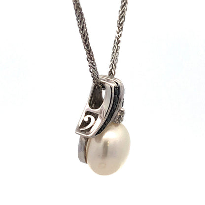 Elegant 14K White Gold Pearl Diamond Black Diamond Bridal Pendant Necklace