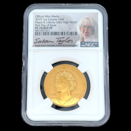 2019 1oz Canada Peace & Liberty High Relief NGC PF70 REV PF Official Gold Medal