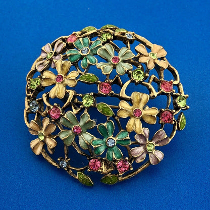 Mid Century Monet Gold Tone Multi Colored Enamel Rhinestone Spring Floral Brooch