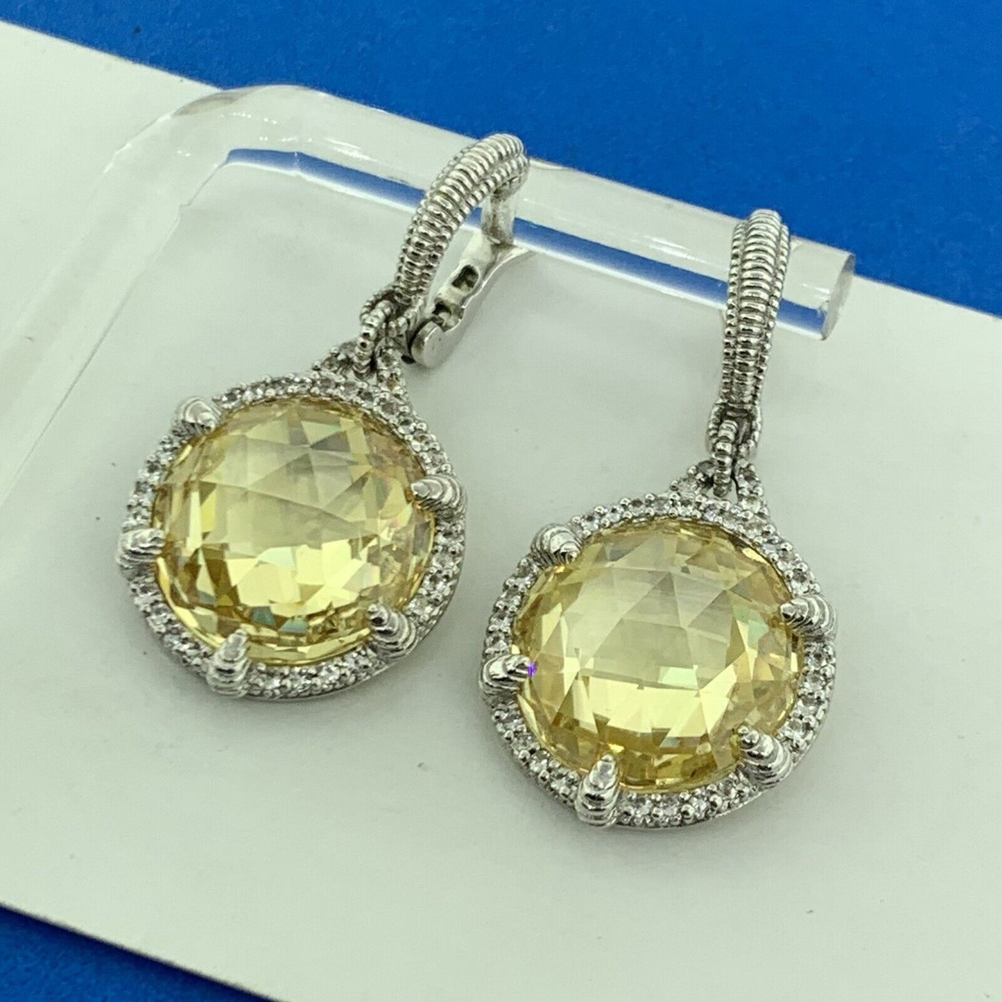 Judith Ripka 925 Sterling Silver 18K Gold Lemon Quartz Diamond Dangle Earrings