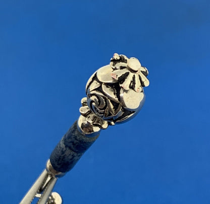 Silver Plated Lapis Lazuli Tubular Beads Rose Scroll Dangle Drop Earrings