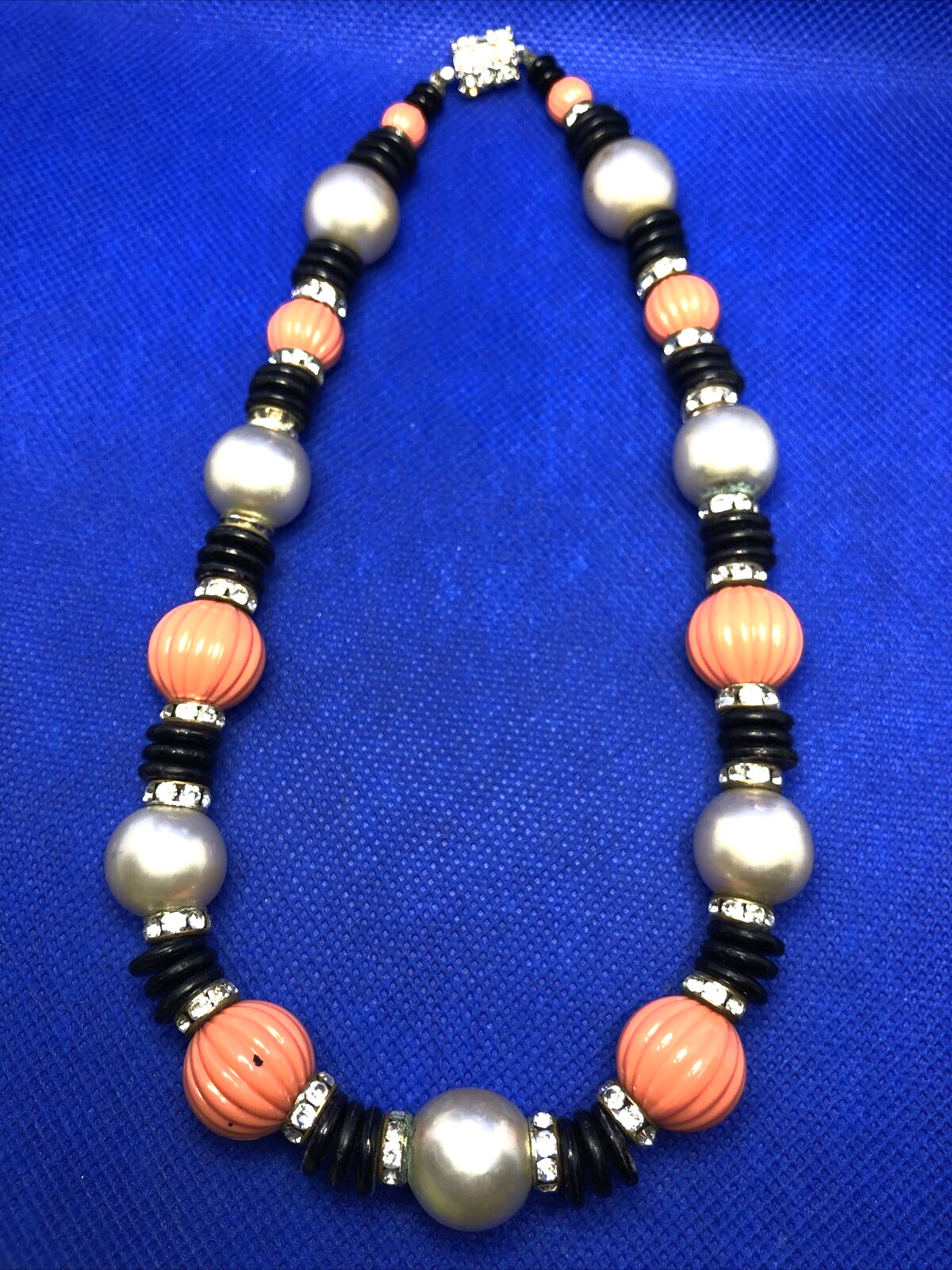 1970's Faux Pearl Onyx Coral Rhinestone Beaded Statement Necklace