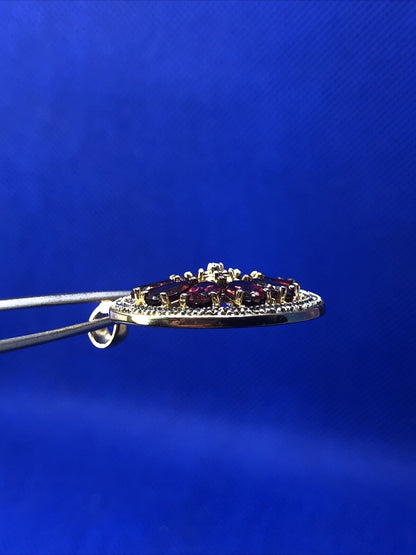 Designer Vermeil 925 Sterling Silver Oval Garnets Diamond Accent Round Pendant