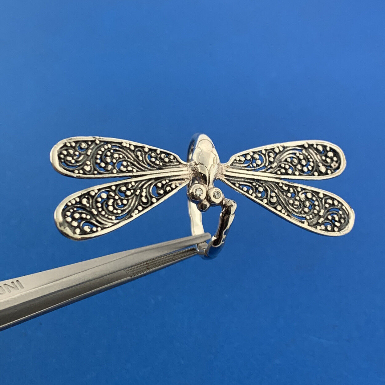 925 Sterling Silver Diamond Balinese Scroll Dragonfly Statement Ring