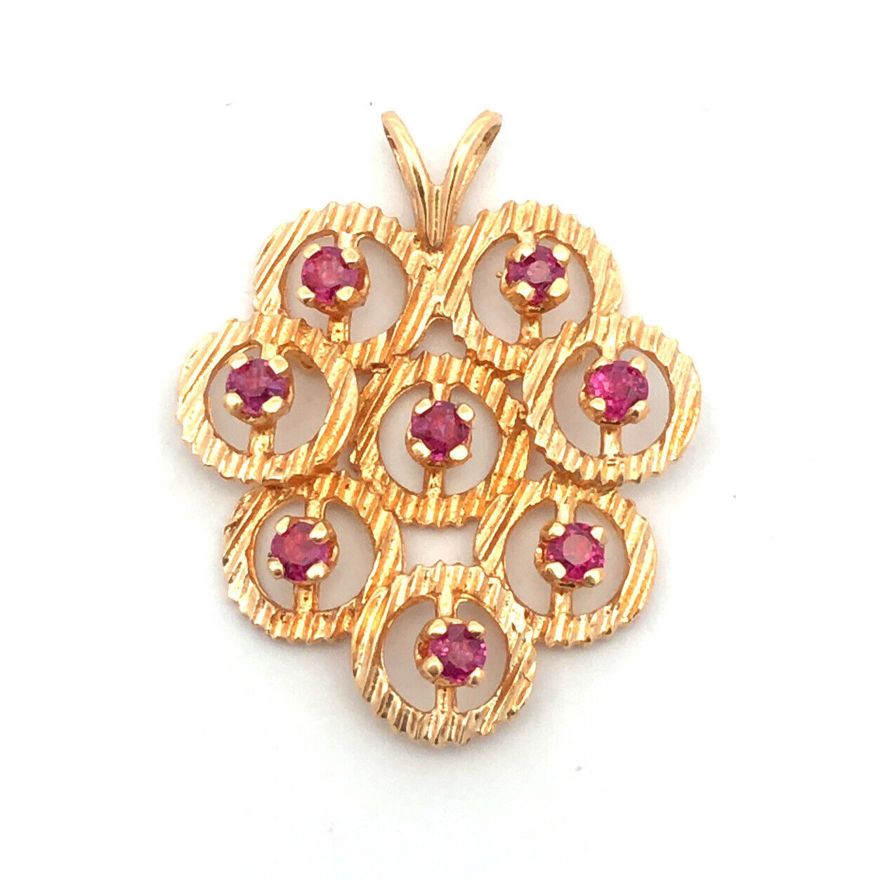 Vintage 14K Yellow Gold Ruby Free Form Circle Cluster Textured Drop Pendant