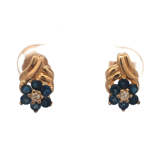 14K Yellow Gold Diamond Sapphire Floral Cluster September Anniversary Earrings