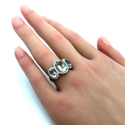 Designer SGC 14K White Gold Oval Green Amethyst Trio Diamond Halo Statement Ring