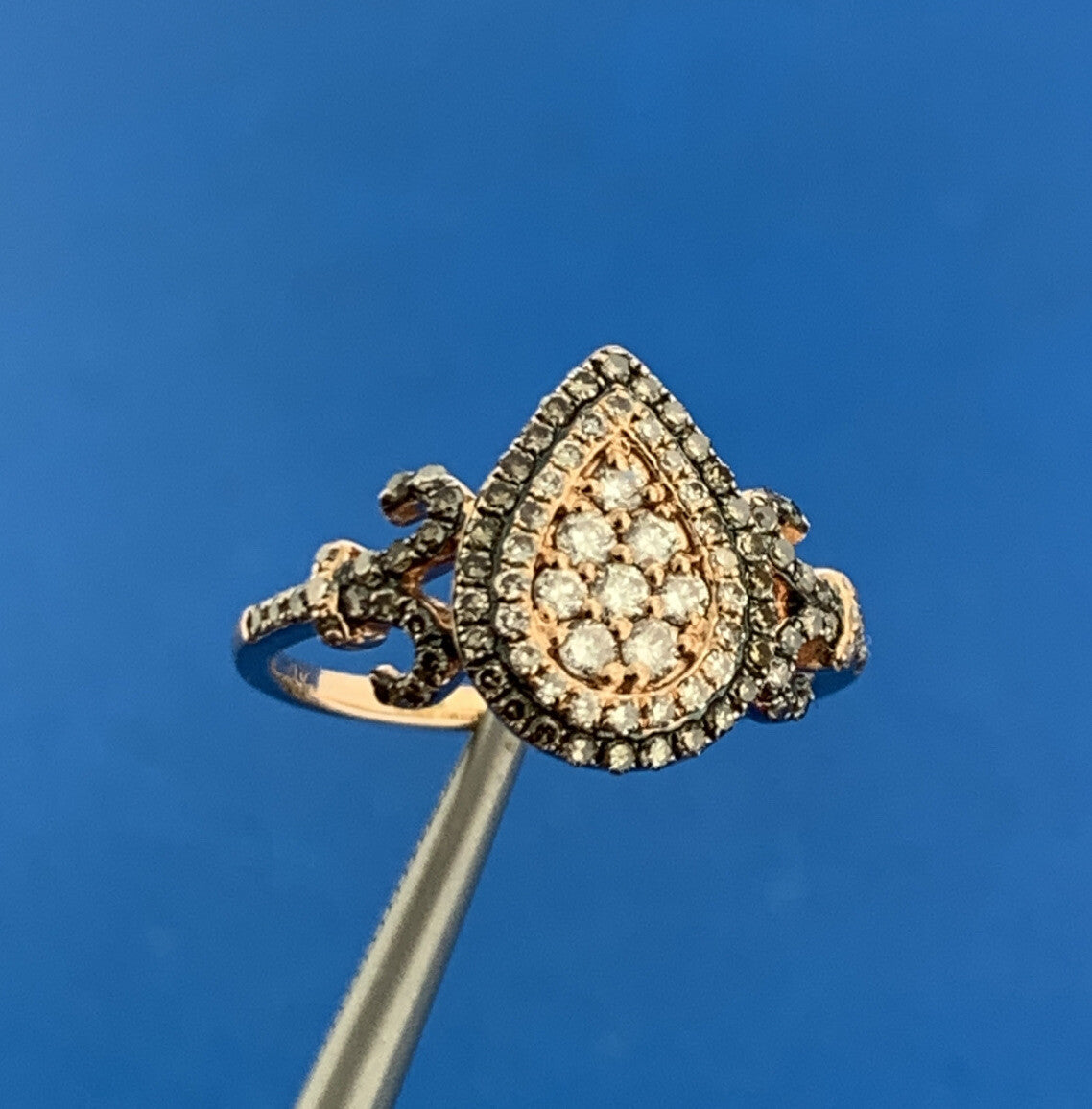 Designer 14K Rose Gold White Mocha Pave Diamond Fleur De Lis Pear Ring
