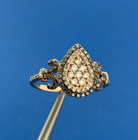Designer 14K Rose Gold White Mocha Pave Diamond Fleur De Lis Pear Ring