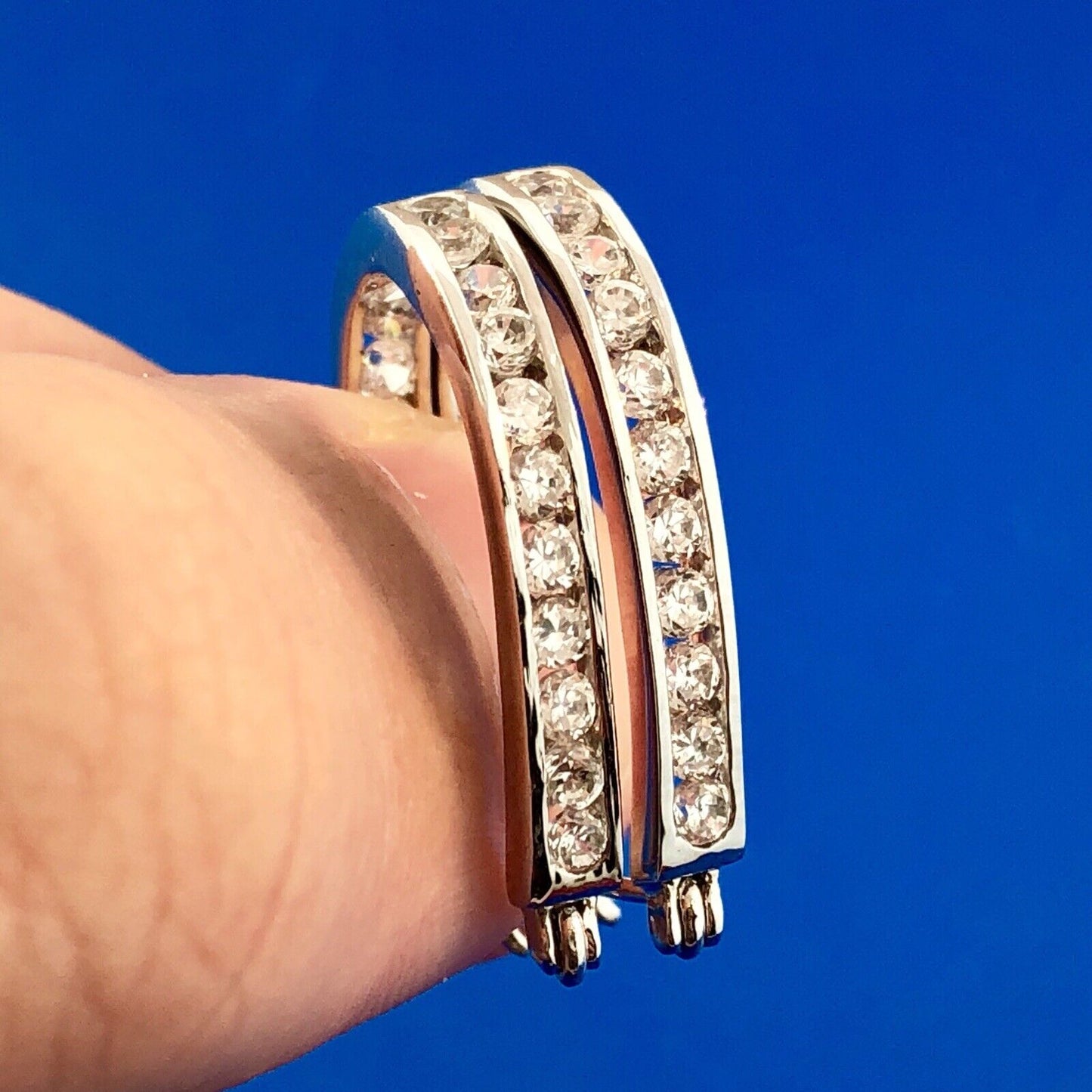 Designer SX Sterling Silver Cubic Zirconia CZ Inside Out Elongated Hoop Earrings