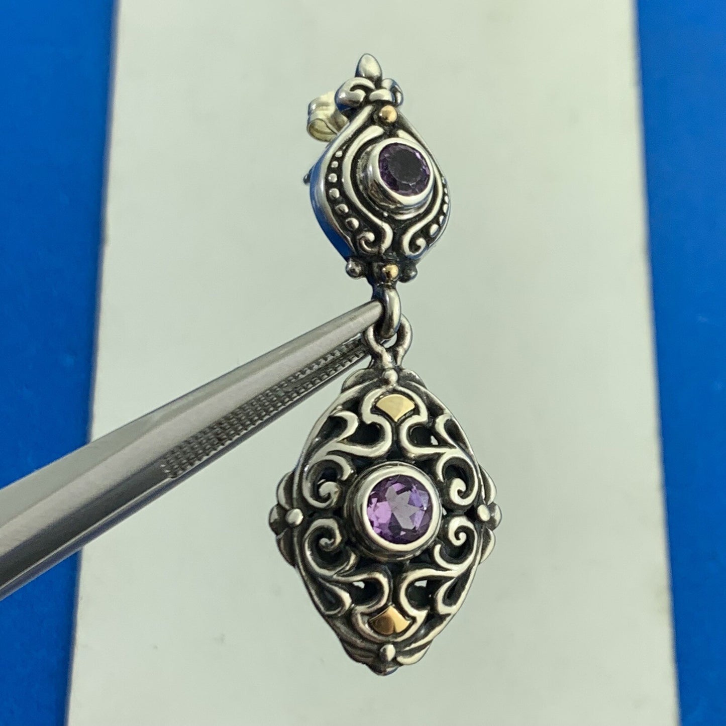 Designer 925 Sterling Silver 18K Yellow Gold Amethyst Drop Dangle Stud Earrings