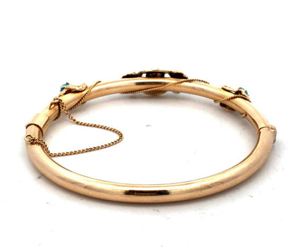Estate 14K Yellow Gold Round Turquoise Pearl Art Deco Hinged Bangle Bracelet