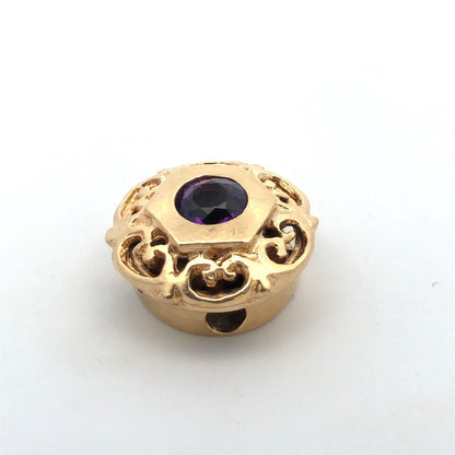 Designer 14K Yellow Gold Round Amethyst Floral Scroll Slide Bracelet Charm