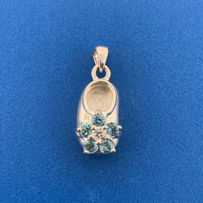 Silver Toned Round Blue White Sparkling CZ Child's Floral Shoe Dangle Pendant