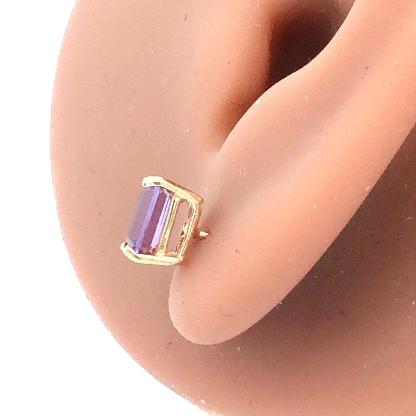 14K Yellow Gold Emerald Cut Purple Amethyst Solitaire Stud Earrings