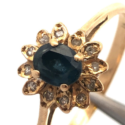 Vintage 14K Yellow Gold Sapphire Diamond Halo Promise December Cocktail Ring