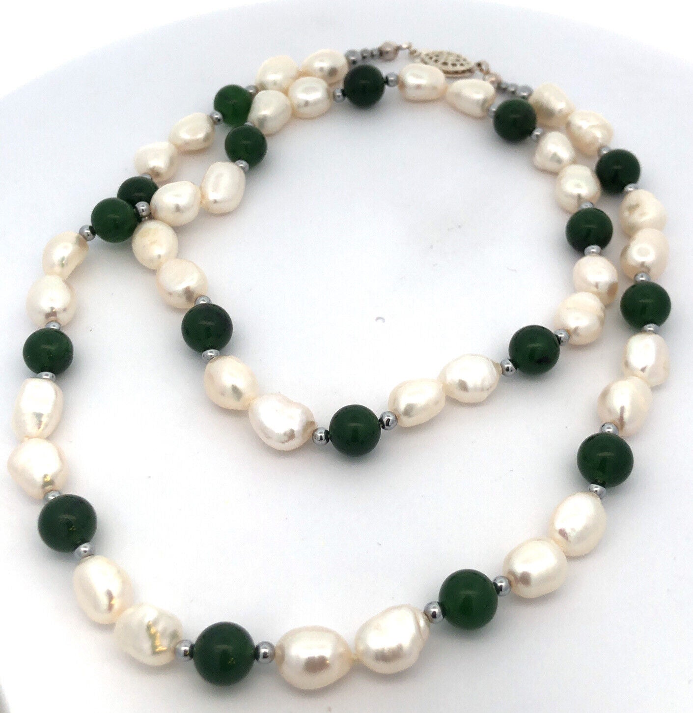 Designer 925 Sterling Silver Pearl Jade Beaded Statement Necklace