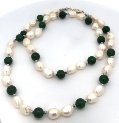 Designer 925 Sterling Silver Pearl Jade Beaded Statement Necklace