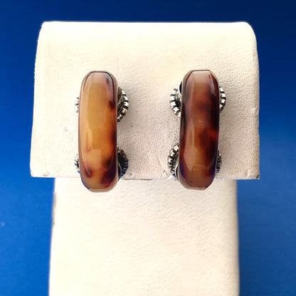 Vintage 925 Sterling Silver Amber Tube Half Hoop Stud Earrings