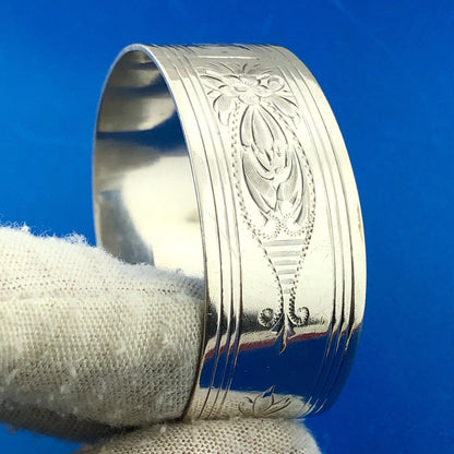 Victorian Edwardian 925 Sterling Silver Etched Floral Monogram M Cuff Bracelet
