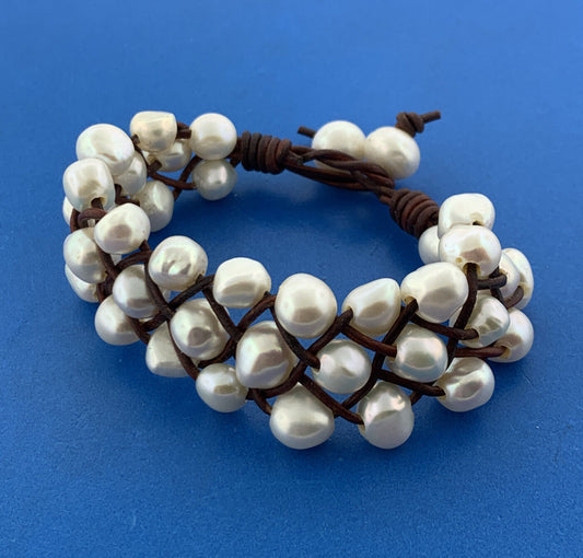 Artisan Braided Leather Three Strand Baroque Pearl Waterfall Toggle Bracelet