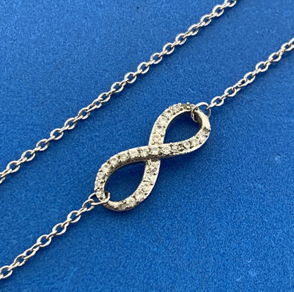 Stunning Sterling Silver 925 Round Cut Sparkling CZ Infinity 17" Chain Necklace