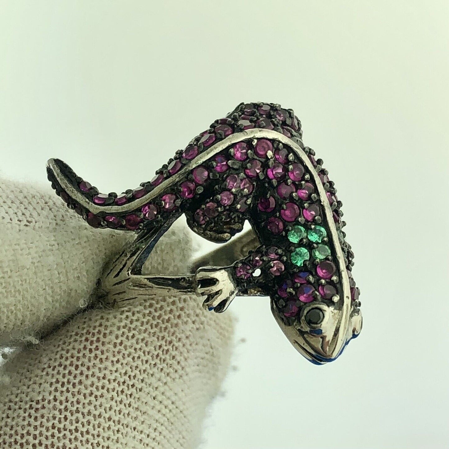 Unusual 925 Sterling Silver Ruby Emerald Gila Monster Lizard Statement Ring