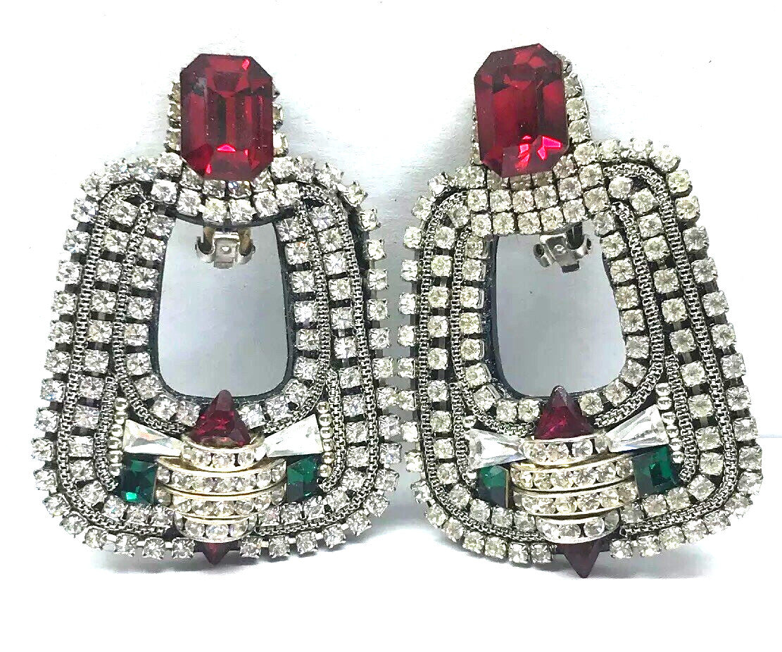Original M&J Hansen '89 Signed Red Green Crystal Rhinestone Runway Clip Earrings